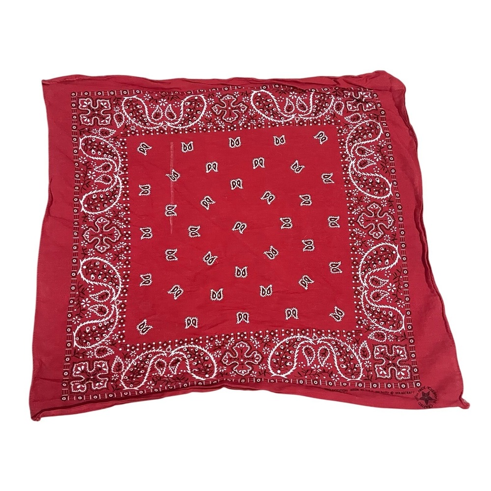 VTG 80 Wamcraft Bandana 18" Cotton USA RN14193 Rave Red Paisley Flower Geometric